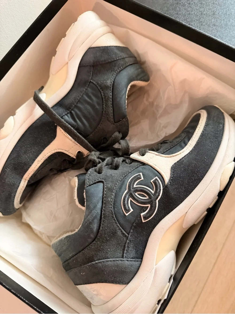 CHANEL ash blue  and White CC Emblem Chunky Sneakers